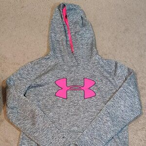 Under Armour Hoodie Womens Medium Heather Gray Pink Logo ColdGear Pullover Stree